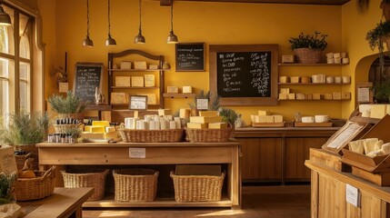 Cheese shop displaying variety of products in rustic interior
