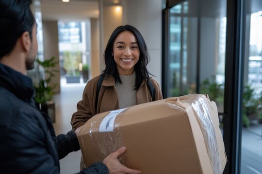 A joyful woman stands at the entrance of her building, happily receiving a delivered package from a courier, showcasing modern urban life and convenience.
