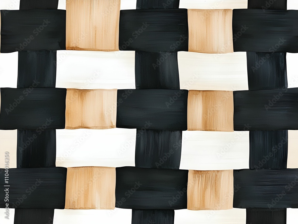 Poster a woven texture featuring alternating squares of black, white, and light brown colors, creating a vi