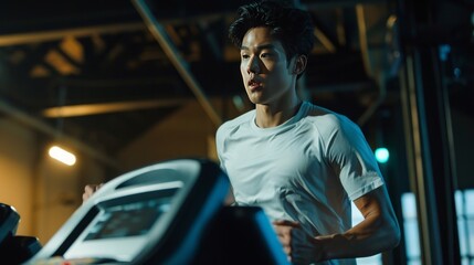 Young Asian Man Running on Treadmill - Fitness Gym Exercise 