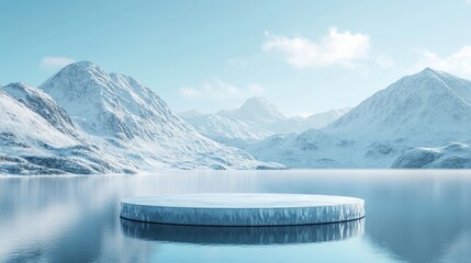 3d render winter platform and natural podium background, Ice podium on the lake backdrop ice snow mountain and clear sky for