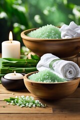 Wooden Bowl with Green Bath Salt and Stack of White Towels on a Wooden Table