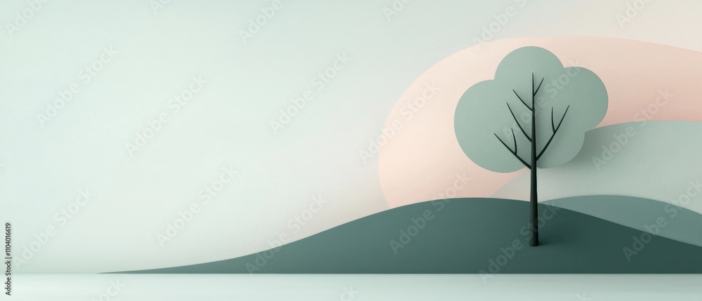 Aufkleber digital illustration of a landscape with a single tree on the right side. the tree is made up of thr