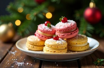A beautiful festive cake on the background of a Christmas tree. A set of various cakes in chocolate, with sprinkles, with nuts, with berries, with cream, with cream, with cottage cheese.