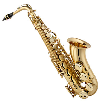 Realistic golden saxophone isolated on white background, elegant musical instrument for jazz, orchestra, and concerts, transparent PNG download, perfect for festivals and clip art design.