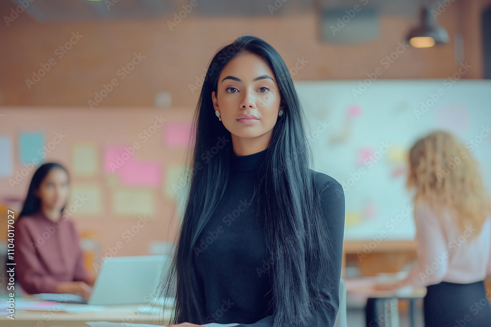 Aufkleber woman in a modern workspace with colleagues collaborating on projects. generative ai