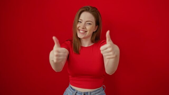 Young woman with red hair wearing a red shirt and denim jeans giving thumbs up with a happy expression isolated over a red background