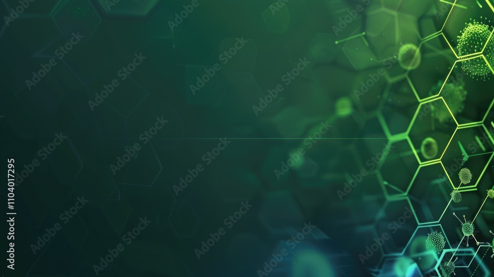 Poster abstract scientific background with hexagons and microorganisms.