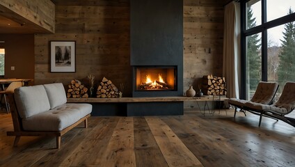 Fototapeta premium A cozy fireplace illuminates a rustic wooden floor, creating a welcoming atmosphere perfect for relaxation.