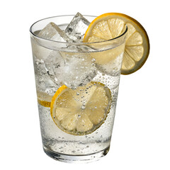 Realistic glass of sparkling lemonade with ice cubes, lemon slices, lime, and bubbles. Isolated on...