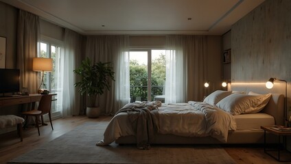 A cozy room with neutral tones and a comfortable atmosphere.