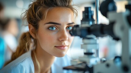 A young woman examines a microscope, showcasing a scientific environment and focus on research.