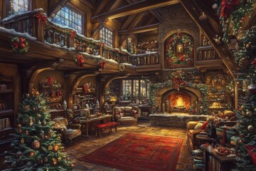 Obraz premium A cozy room glows with the warmth of a fireplace, adorned with twinkling lights, festive ornaments, and a beautifully decorated Christmas tree.