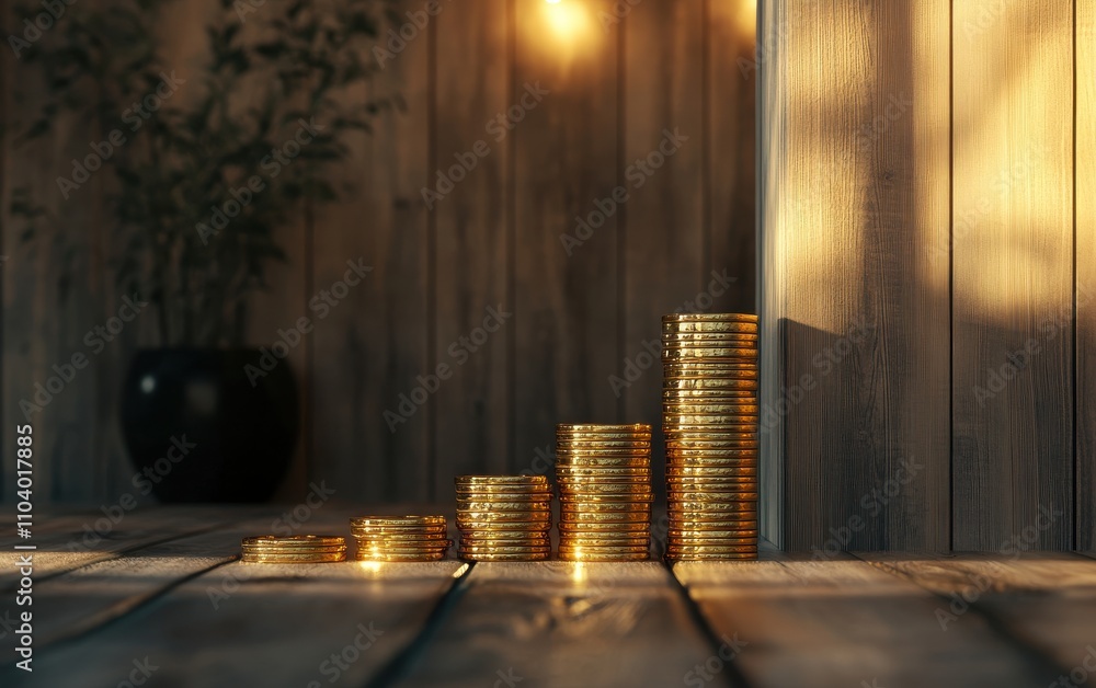 Poster shimmering stacks of gold coins on a rustic wooden floor surrounded by soft warm light in an indoor 