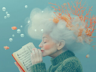 Surreal underwater portrait of an elderly woman with coral-adorned hair, reading sheet music amidst bubbles and small fish, evoking harmony and imagination.