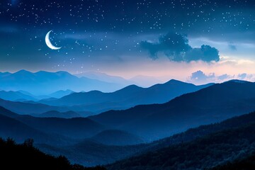 Panorama view of Night sky and moon, stars,Ramadan Kareem celebration.Serenity mountain background, outdoor. 