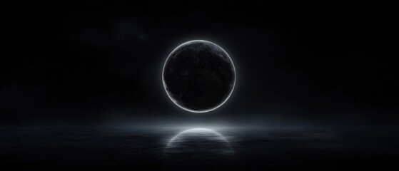  black and white photograph of a full moon in the night sky. The moon is in the center of the image, with a dark background and a bright light shining on it.