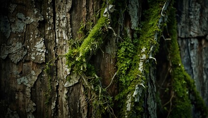 A cracked vine with rough, moss-covered texture symbolizing endurance.