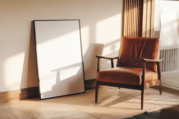 White blank poster leaning beside leather chair in cozy room with natural sunlight and warm tones