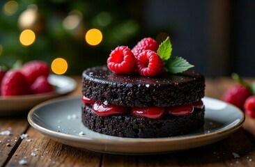 A beautiful festive cake on the background of a Christmas tree. A set of various cakes in chocolate, with sprinkles, with nuts, with berries, with cream, with cream, with cottage cheese.