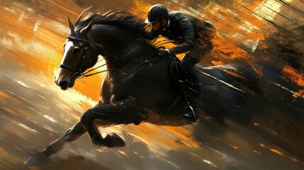 Competitive horseback riding scene, capturing the intensity and grace of horses in motion
