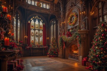 Obraz premium A cozy room adorned with twinkling Christmas lights, a crackling fireplace, vibrant ornaments, and a vintage clock, exuding festive warmth and joy.