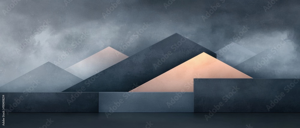 Poster digital art piece that appears to be an abstract landscape. it has a dark grey background with a gra