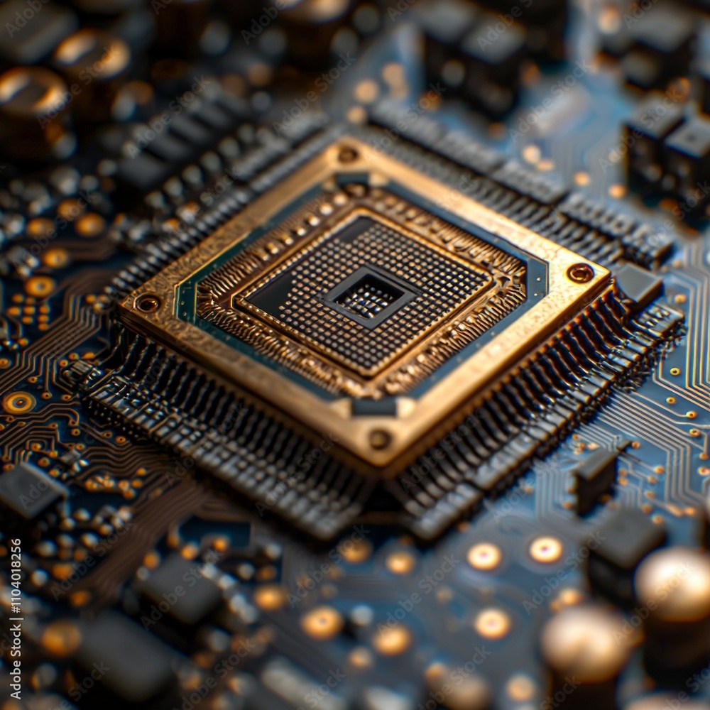 Poster magnified perspective microchips highlighting complex circuits and patterns illustrating sophisticat