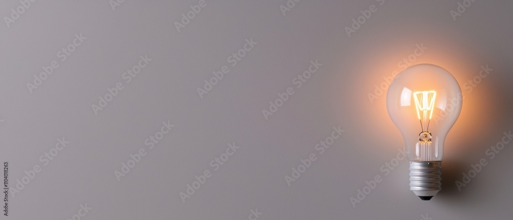 Poster single light bulb on a plain grey background. the light bulb is turned on and is emitting a warm ora