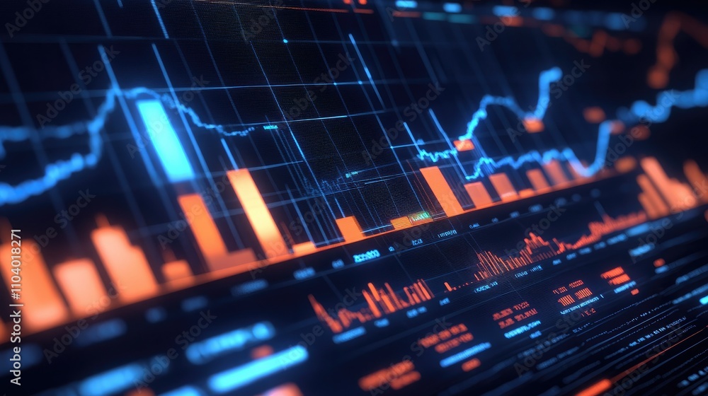 Poster conceptual image of cryptocurrency trading, with a virtual coin and dynamic financial data charts