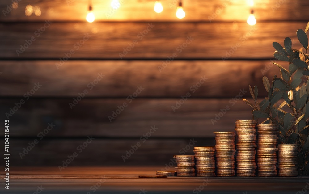 Poster stacked golden coins with green leaves on wooden table against a backdrop of warm string lights crea