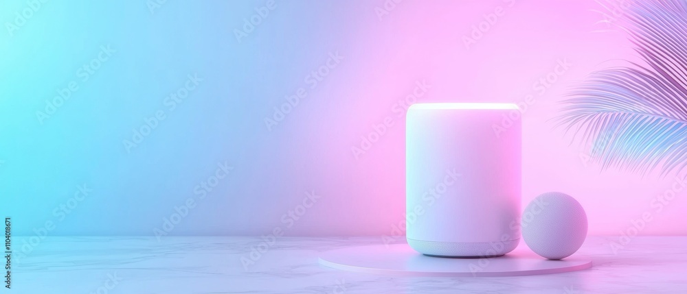 Poster white smart speaker on a white marble surface with a pink and blue gradient background. the speaker 