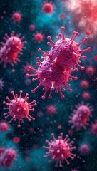 Abstract image of cells, bacteria, and viruses under a microscope, with vibrant colors. Microscopic details,coronavirus, diseases, immunity, health