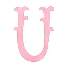 Watercolor vintage pink letter U, alphabet for crest design