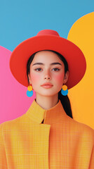 A close-up of a woman in a bold orange jacket and red hat, accessorized with colorful earrings, standing against a vibrant pink and yellow background.
