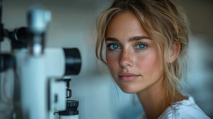 A young woman gazes thoughtfully while seated near a microscope in a laboratory setting.