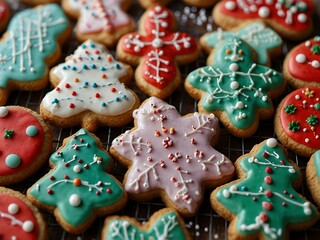 A delightful assortment of Christmas cookies, decorated with icing and sprinkles.
