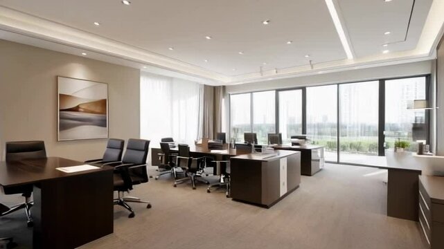 A modern office workspace designed for collaboration and productivity, featuring sleek furniture and ample natural light.