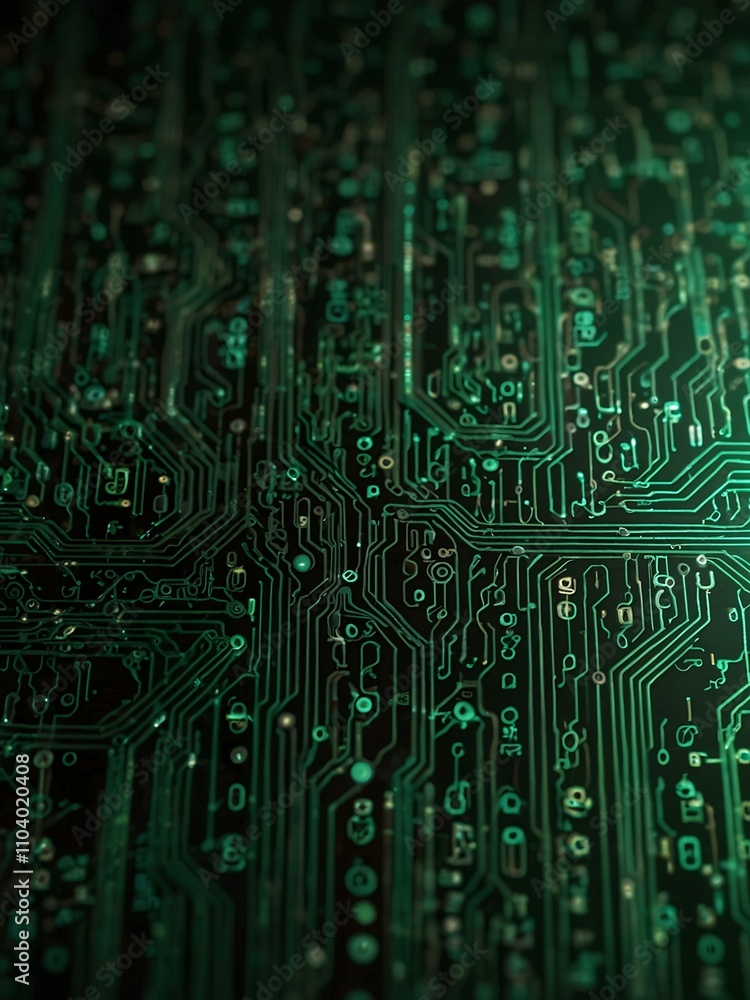 Poster a digital green background with intricate circuit patterns, symbolizing innovation.