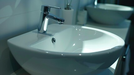 Fototapeta premium A simple and clean bathroom setup featuring a white sink with a shiny chrome faucet