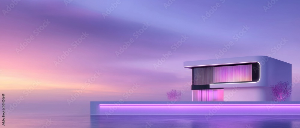 Poster 3d rendering of a modern building on the shore of a body of water. the building is a two-story struc