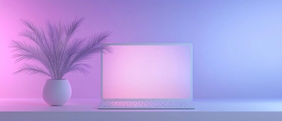  desk with a laptop and a potted plant on it. The laptop is placed on the right side of the desk and the plant is on the left side.