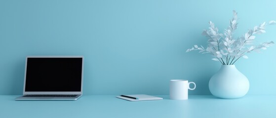 Fototapeta premium desk with a laptop, a white mug, and a vase with white flowers on it. The laptop is on the left side of the desk and the mug is next to it. On the right side, there is a small notebook and a pen.