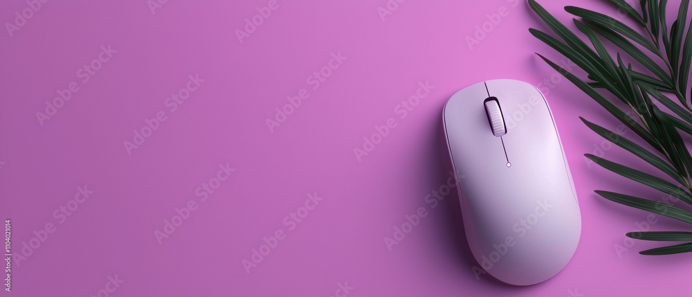 Poster white computer mouse on a pink background. the mouse is placed on the right side of the image, next 