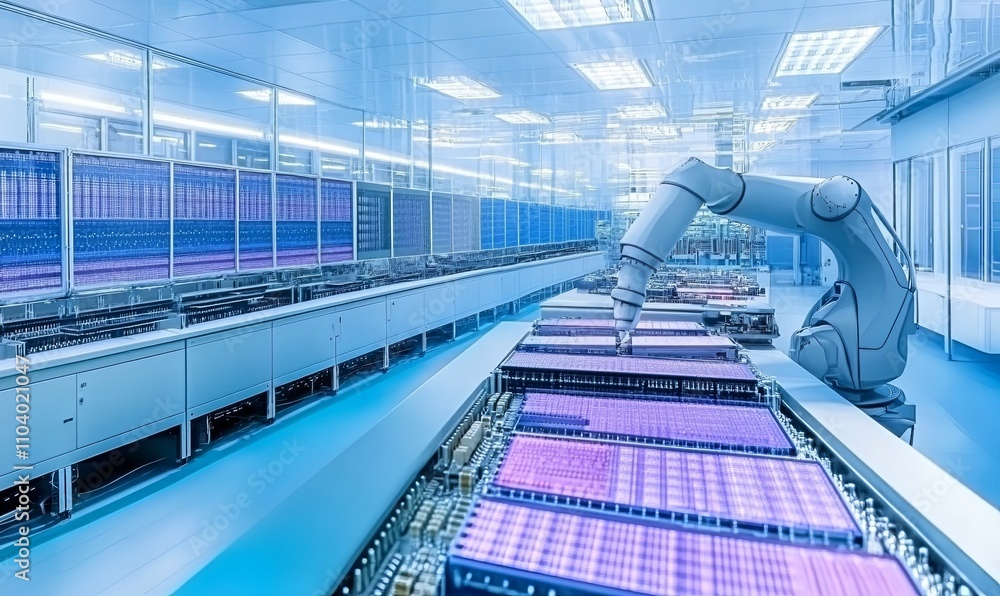 Poster automated robotic arm in a clean room, handling components on a production line.