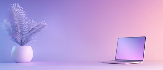  laptop on a pink and purple background. The laptop is on the right side of the image and is placed on a white surface.