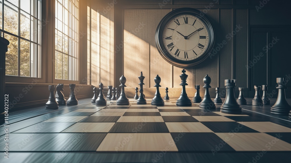 Poster classic chessboard setup with pieces and timepiece in background