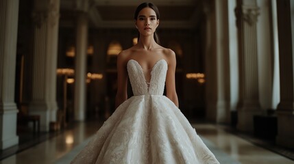 Naklejka premium Elegant woman in a strapless white wedding gown standing in a grand hall with columns and soft lighting
