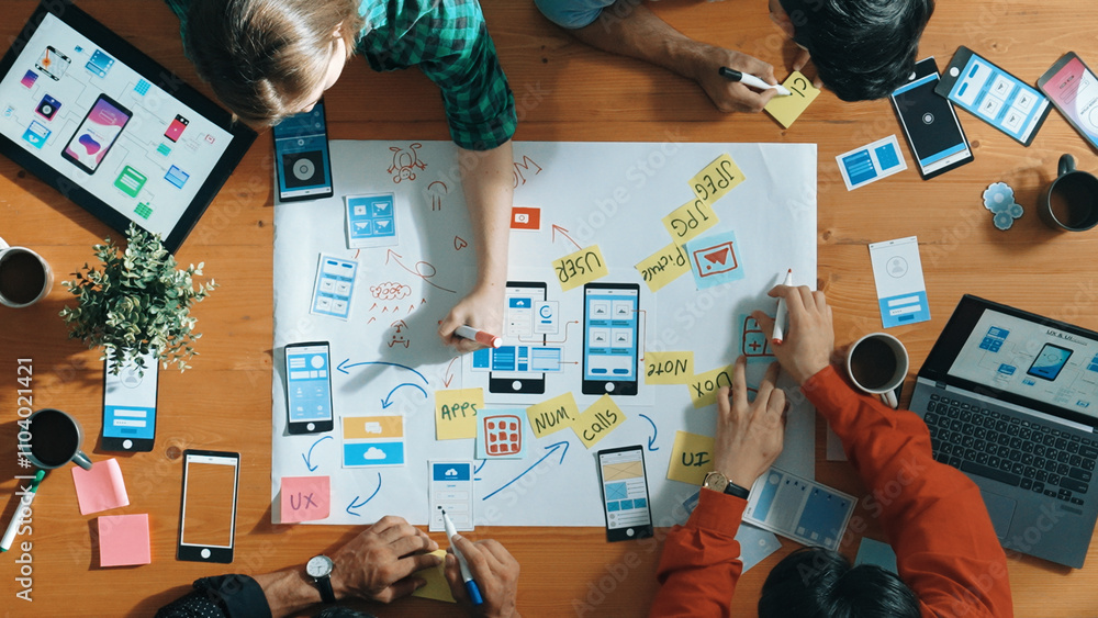  top view of developer team sharing idea of ux ui design by using mind map. top down view of group of