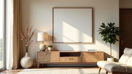 Beige Living Room Wall Design with Wood Console, Furniture & Empty Picture Frame